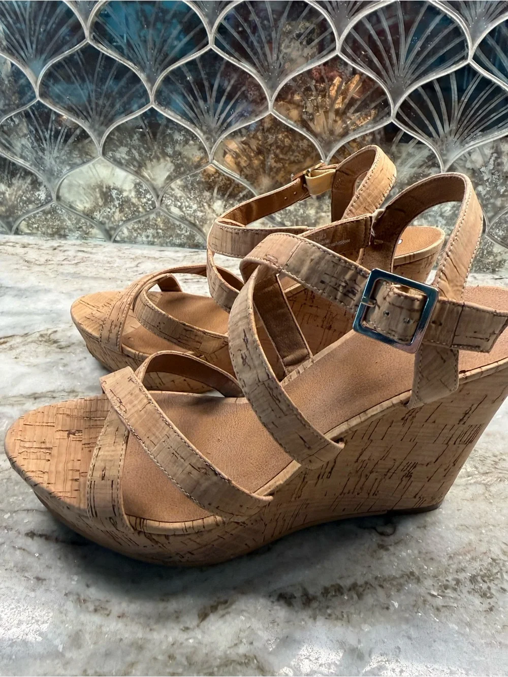 Womens Cork Wedge High Heels Summer Sandal Peep Toe Platform Slingback Shoes 8.5